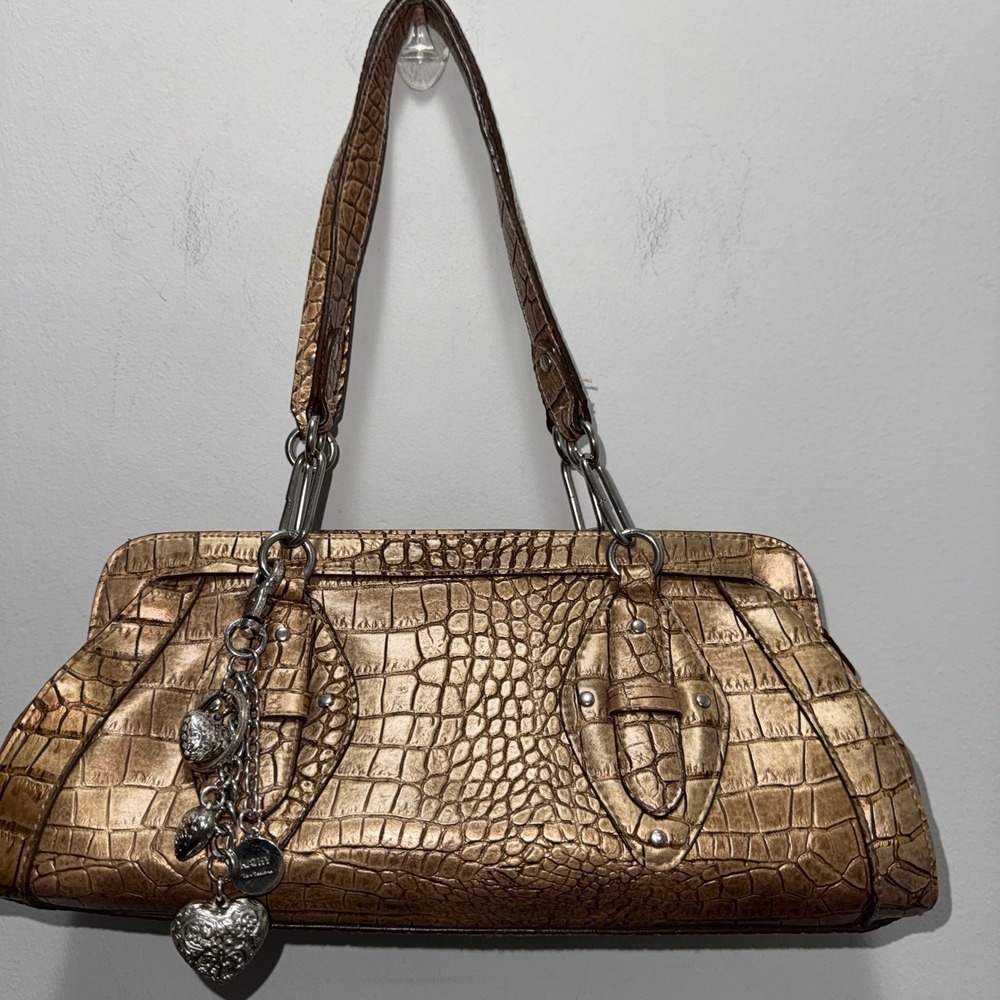 Worthington Y2K Metallic Bronze Croc Embossed Shoulder Bag Heart Charm Purse